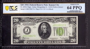 1934 $20 FEDERAL RESERVE NOTE KANSAS CITY FR.2054-J LGS PCGS CU 64 PPQ - Picture 1 of 4