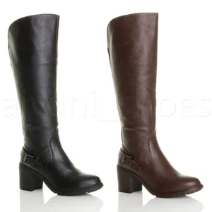 DAMEN BLOCKABSATZ BREITE WADE REISSVERSCHLUSS STRETCH BIKER KNIESTIEFEL GRÖSSE - Bild 1 von 17