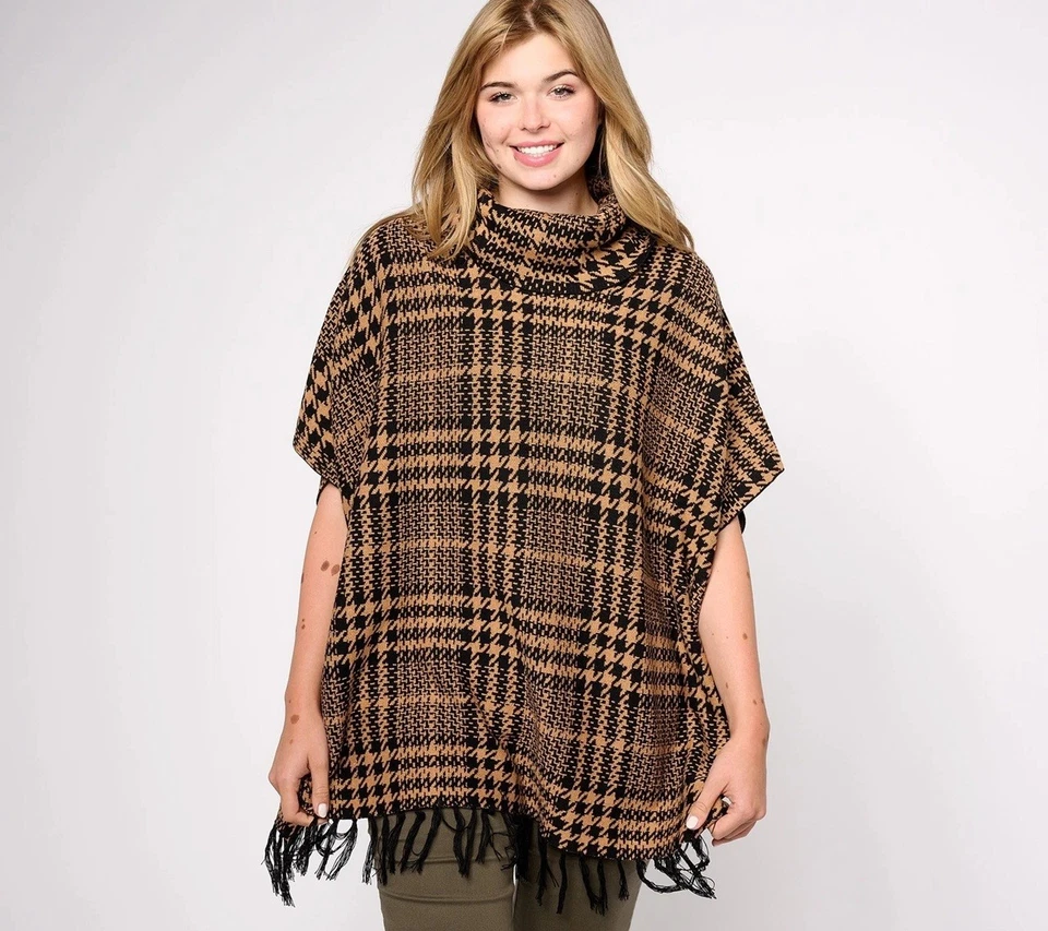 Poncho Denim & Co. Talla XXXS/XXS Cuadros Jacquard Capucha Cuello con Flecos Dobladillo A624151 Foto 1 de 1