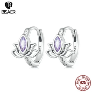 Pendientes de aro de plata esterlina 925 flor de loto circonio circular joyería para mujer regalos - Imagen 1 de 15