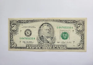1993 $ Fifty Dollar Bill Federal Reserve Note, US Serial # G64765233A - Picture 1 of 2