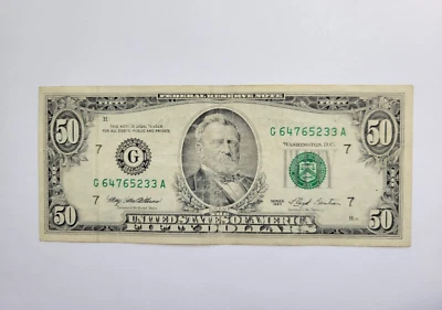 1993 $ Fifty Dollar Bill Federal Reserve Note, US Serial # G64765233A - Image 1 of 2