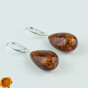 Cognac Baltic Amber Teardrop Earrings 925 Silver Drop Dangle Jewelry Beads - Picture 1 of 25