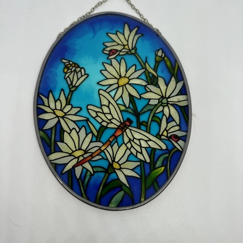 Stained Glass Suncatcher Oval Flowers and Dragonflies 7" × 5" Cover