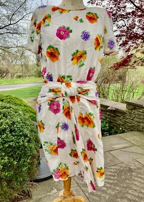 винтажный 1990 STANLEY PLATOS оболочка белый шелк платье sz 16 цветы узел талии пояс - Изображение 1 из 4