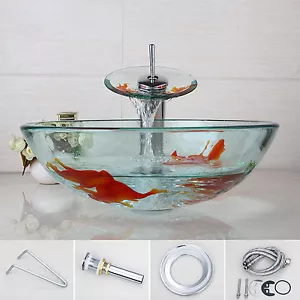 Bathroom Goldern Fish Tempered Glass Basin Sink + Waterfall Mixer Taps Combo - Picture 1 of 11