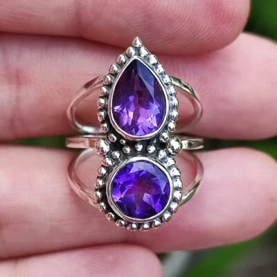 Handmade Purple Amethyst Solid 925 Silver Statement Woman Ring All Size - Imagem 1 de 4