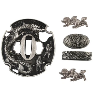Silvery Dragon Tsuba Kashira Fuchi Menuki For Japanese Katana Wakizashi Sword - Picture 1 of 2