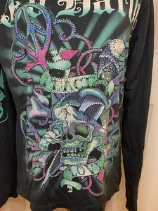 Vintage Ed Hardy Men’s Long Sleeve Size M Peace And Love Rhinestone - Picture 1 of 18