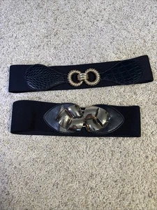2x Wide Black Elastic Belt Set: Gold Knot & Gold Statement Buckle Cinch - Picture 1 of 6