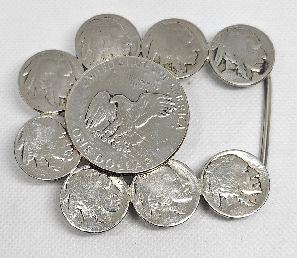 Vintage Buffalo Nickel & Eisenhower Dollar Coin Belt Buckle 3" Western Americana - Image 1 of 4