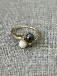 Vintage 70er 14K Gold Hämatit Akoya Perlen Ring Love You Night/Day Größe 6,25 - Bild 1 von 6