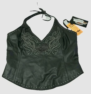 Neu Harley Davidson Damen schwarz Biker Leder Crop Top Neckholder Nieten Medium - Bild 1 von 18
