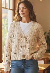 Moon & Madison ANTHROPOLOGIE Maglione Cardigan Grosso Tagliato a Maglia con Cavo S - Foto 1 di 12