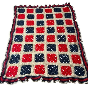 Handmade Crochet Knit Red White Blue Square Throw Blanket 36" x 45" Patriotic - Picture 1 of 4