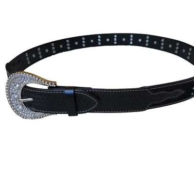 Rhinestone Buckle Leather Tab Faux Calf Hair Black Western Belt Women's Size XXL - Image 1 of 4