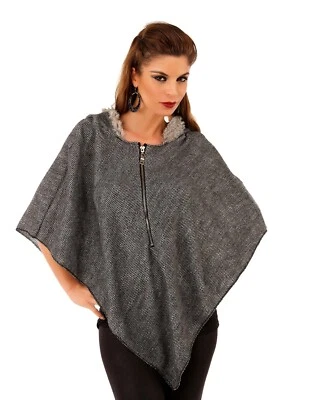 womens hooded knitted cape with faux fur one size  - Image 1 of 4