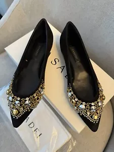 Casadei Authentic Black Suede Flat Shoes With Rhinestones Size 6 - Picture 1 of 9