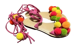 Mystique Pom Pom Ankle Wrap Gladiator Sandals Flat Colorful Womens Size 6 - Picture 1 of 12