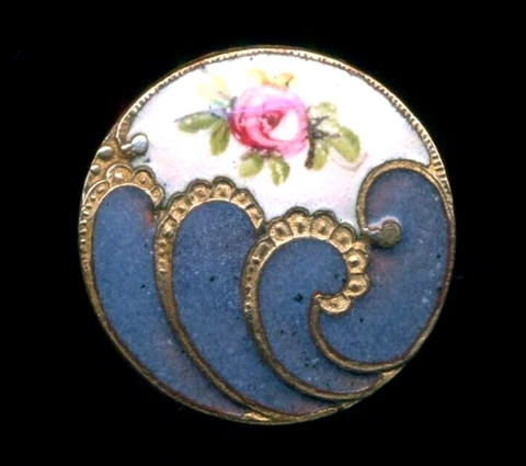 Antique Enamel Button Purple with White Panel and Pink Rose 7/8" Cover