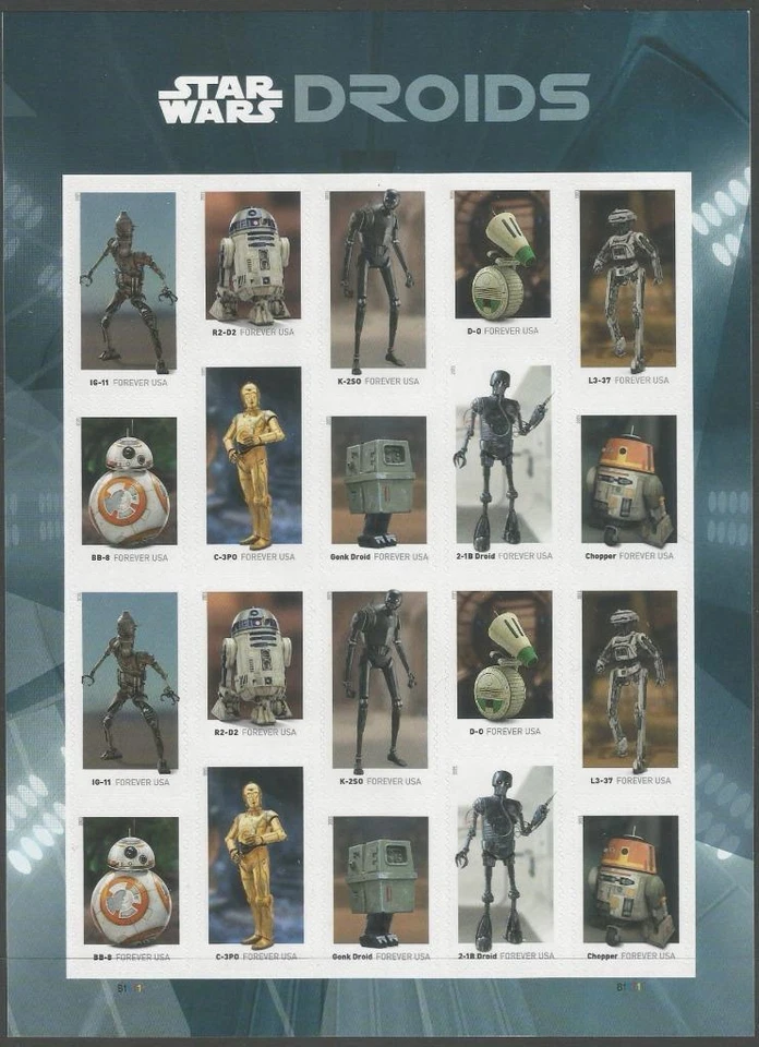 Sheet of 20 stamps - Scott 5573-82 - Forever - Star Wars Droids - 2021 - MNH - Image 1 of 1