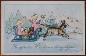 AK DDR Künstlerkarte, Engel im Schlitten, Rehe, 1948 - Bild 1 von 2
