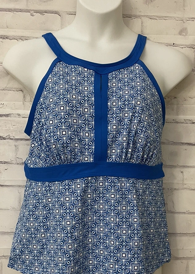 Lands’ End Blue White Floral High Neck Modest Tankini Swimsuit Top 18W DD Resort - Image 1 of 4