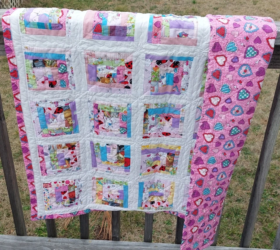 Handmade Scrap Quilt - Pink with Hearts - Image 1 of 1