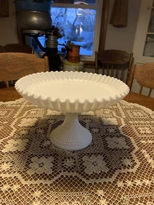Large Vtg Fenton Hobnail Compote White Milk Glass Footed Bowl MCM Ruffled Edge - Picture 1 of 10