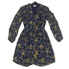 East UK 14 Dress Navy & Yellow Floral Lined Sheer Button Up Tea Races Made India