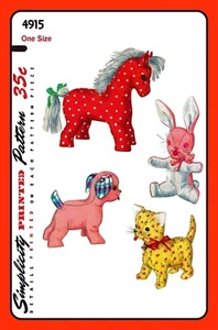 STUFFED Animal Pattern DOG Cat BUNNY PONY Toy Simplicity 4915 VTG 1954 - Picture 1 of 6