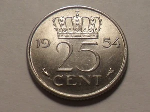 1954 NICE NETHERLANDS NICKEL 25 CENT KM#183 LOW MINTAGE 6,400,000!! - Picture 1 of 2