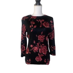 Talbots Womens Pure Merino Wool Black Floral Rose Pullover Sweater Medium - Picture 1 of 10