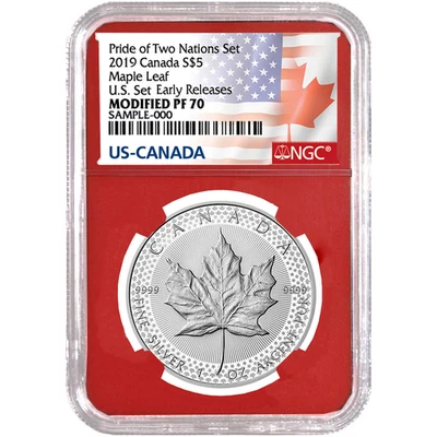 2019 Modified Proof $5 Silver Canadian Maple Leaf NGC PF70 ER Flags Label Red - Image 1 of 2