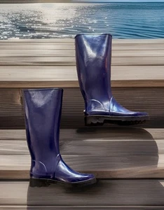 (VINTAGE) POLO SPORT RALPH LAUREN HIGH ‘WATERPROOF’ RUBBER BOOTS BLUE WOMENS 8 - Picture 1 of 7