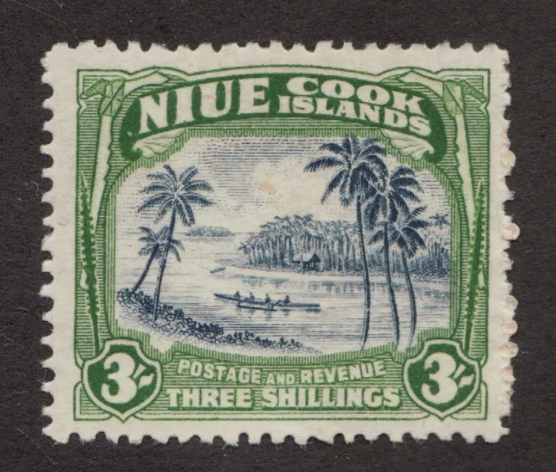 1938 Niue Sc# 75 - Three Shilling, Architecture, Boat & Palm Trees. MNH Cv$40 - Image 1 of 1