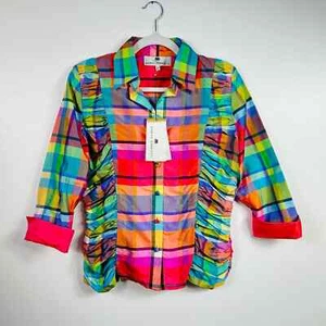 NEW Marisa Baratelli Bright Plaid Thai Silk Blouse Size 6 - Picture 1 of 7