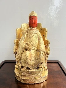 Antigua estatua de madera china de la dinastía Ming templo estatuilla tallada a mano dorada - Imagen 1 de 24