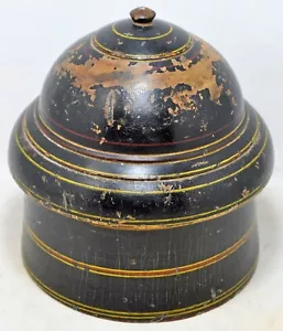 Antique Wooden Big Round Box Original Old Hand Carved Lacquer Painted - Picture 1 of 7