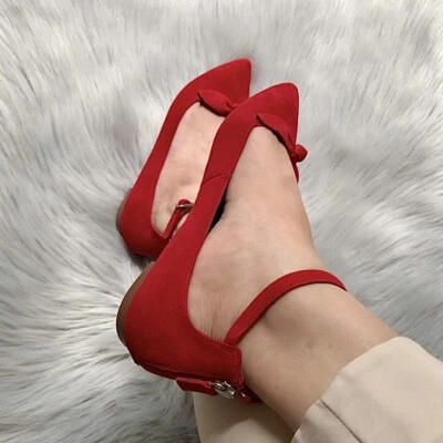 New! Halogen Red Suede Leather Ankle Strap Flats with Bow Detail Size 6.5M - Image 1 of 4