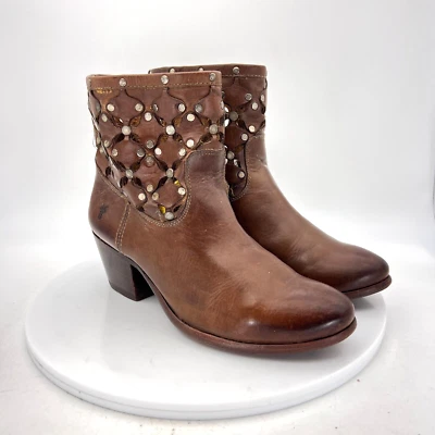 Frye Courtney Overlay Stud Women Size 6B Brown Cognac Leather Laser Cut Boot - Image 1 of 4