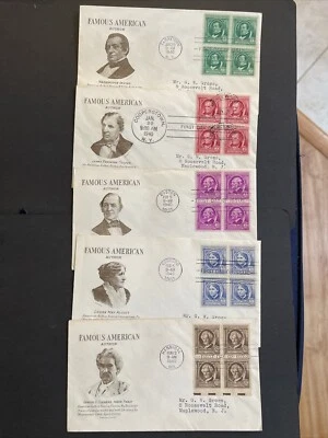 1940 Set 5 Famous American AUTHORS Block of 4 FDCs, Grimsland Cachets Sc# 859-63 - Image 1 of 4