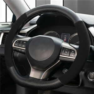 Black Suede Carbon Fiber Car Steering Wheel Cover Non-Slip D Shape For 15''/38cm