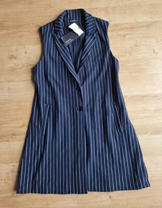 LADIES BNWT STRADIVARIUS NAVY WHITE PINSTIPE SLEEVELESS JACKET SIZE MEDIUM - Picture 1 of 5