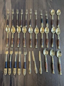 Vintage Brass Wood Rosewood Flatware Set Thailand Buddha Spoons Knives Forks Lot - Picture 1 of 15