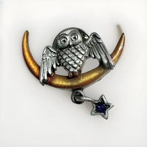 Vtg JJ Half Moon OWL TACK PIN Blue Stone Jonette Jewelry Silver Pewter Halloween - Picture 1 of 6