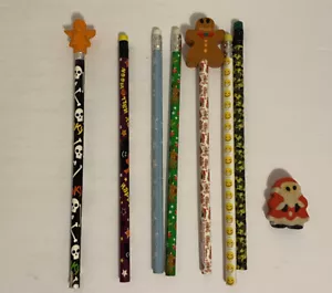 Lote de colección de lápices borradores y tapas de Halloween y Navidad década de 1990 sin afilar nuevo - Imagen 1 de 4