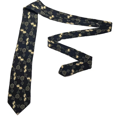 Hugo Boss Tie Men's Black Geometric 100% Silk Necktie Handmade In Italy - Image 1 of 4