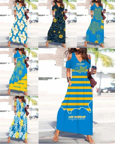 Los Angeles Chargers Cold Shoulder Dress Short Sleeve Sundress Beach Maxi Dress Cover