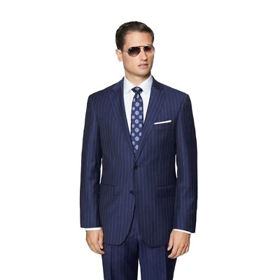 Trajes de hombre azul marino a rayas calce ajustado solapa de muesca de un solo pecho boda novio Foto 1 de 4